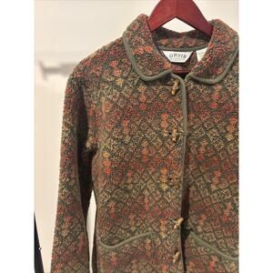 Orvis Sherpa Fleece Jacket Womens Large Green Orange Toggle Front Pockets Knit